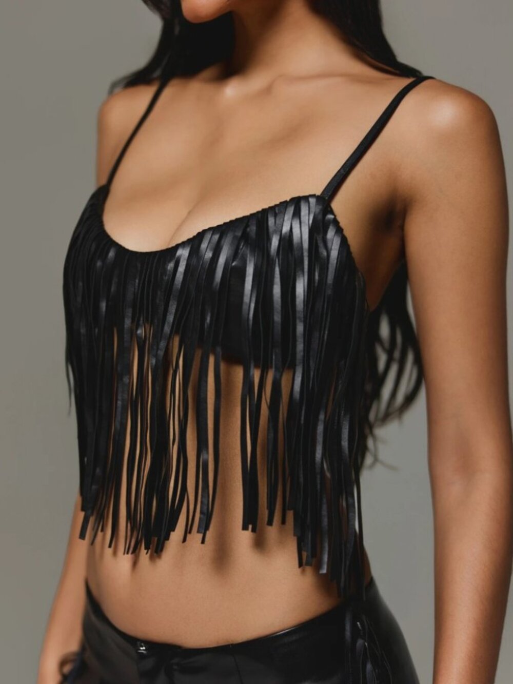 Black Faux Leather Fringe Spaghetti Strap Bralette Crop Top